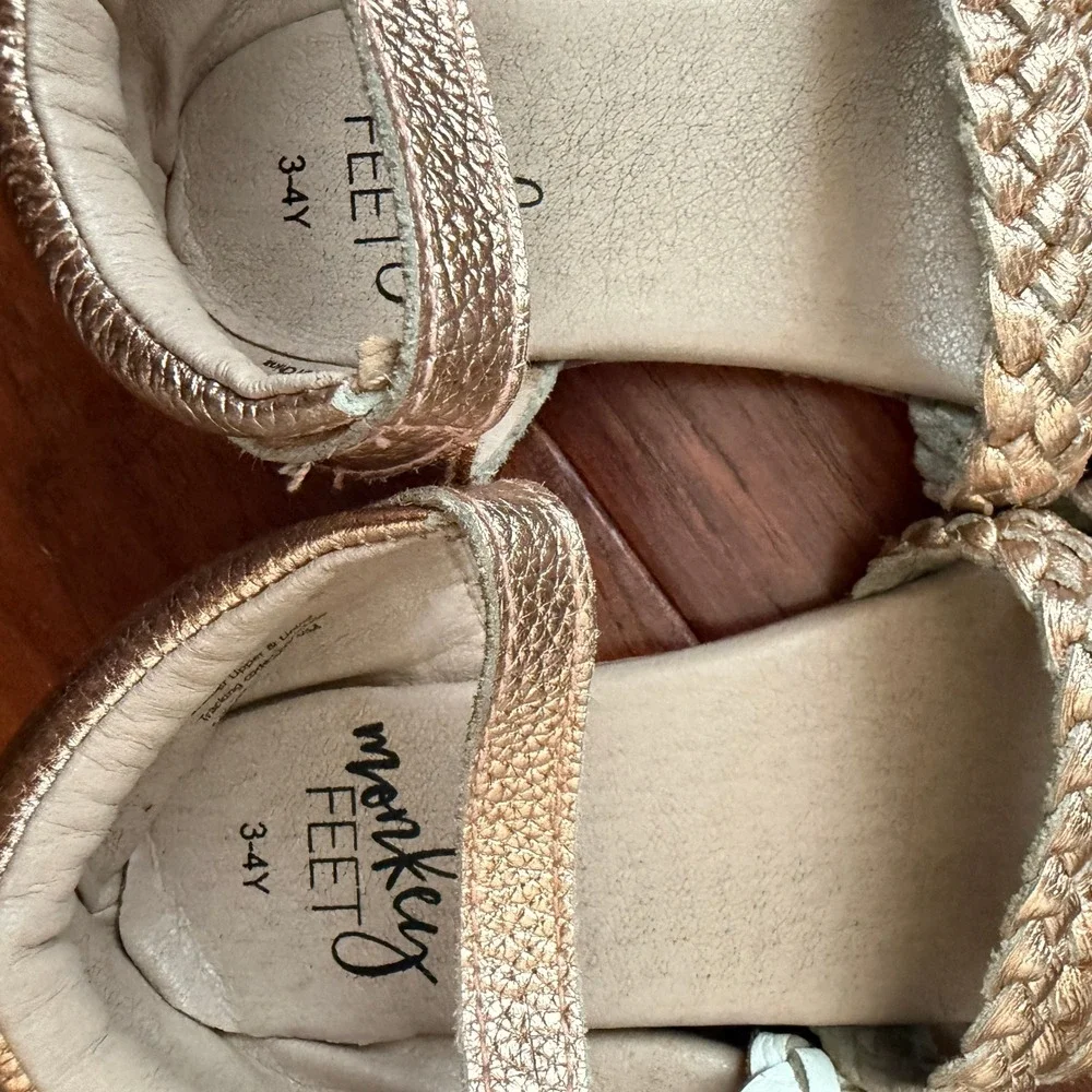 Monkey Feet Kids 11 Braided Leather Sandals Gold White Size 3-4Y Boho Summer